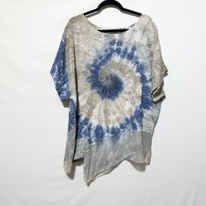 Valentina Naldi 100% Linen Top 2X  Blue Gray Tie Dye Short Sleeve Lagenlook